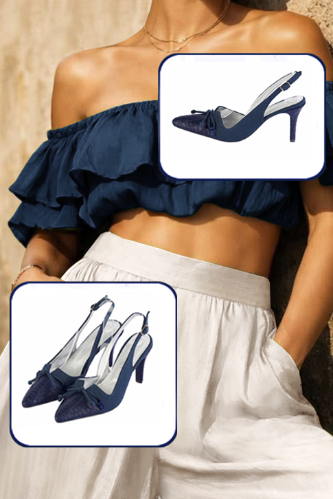 Women's navy blue elegant slingback heels, with a bow on the front. Tapered toe. High slim heel - Top view